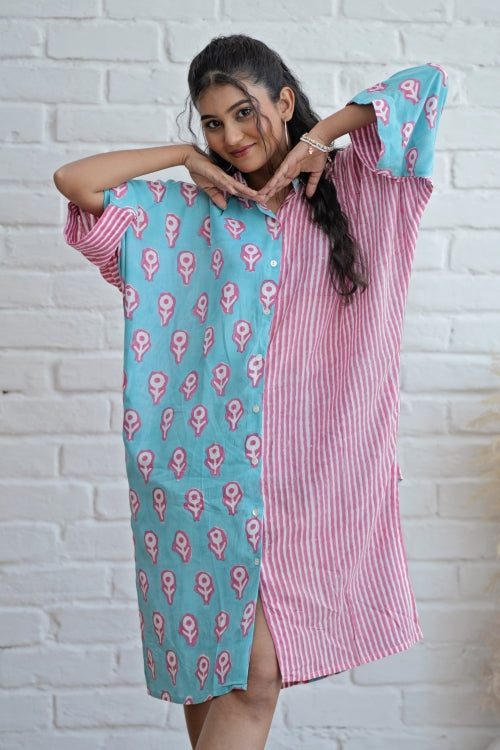 Sooti Syahi Skipper In Pink Hand Block Printed Oversize Shirt