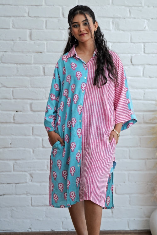 Sooti Syahi Skipper In Pink Hand Block Printed Oversize Shirt