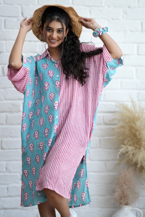 Sooti Syahi Skipper In Pink Hand Block Printed Oversize Shirt