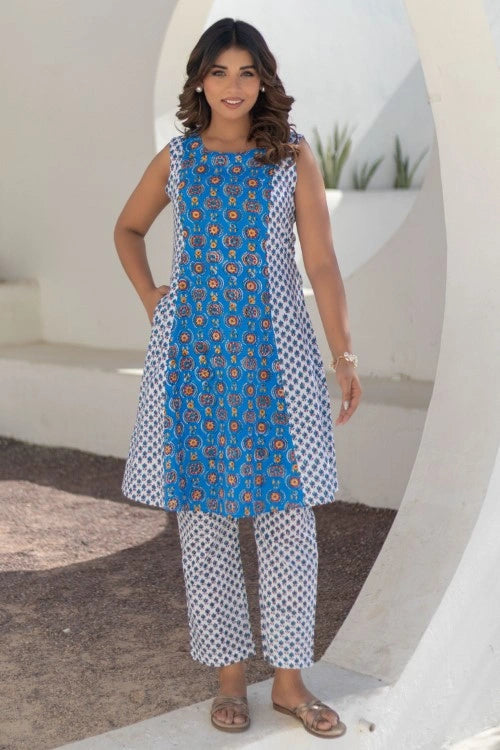 Sootisyahi -Azure Medallions-Hand-Block-Printed Cotton-Co-Ord-Set