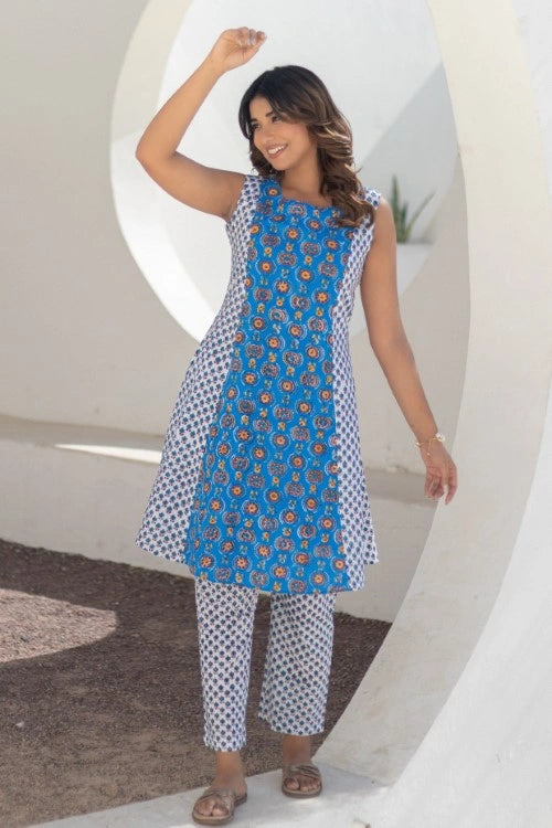 Sootisyahi -Azure Medallions-Hand-Block-Printed Cotton-Co-Ord-Set