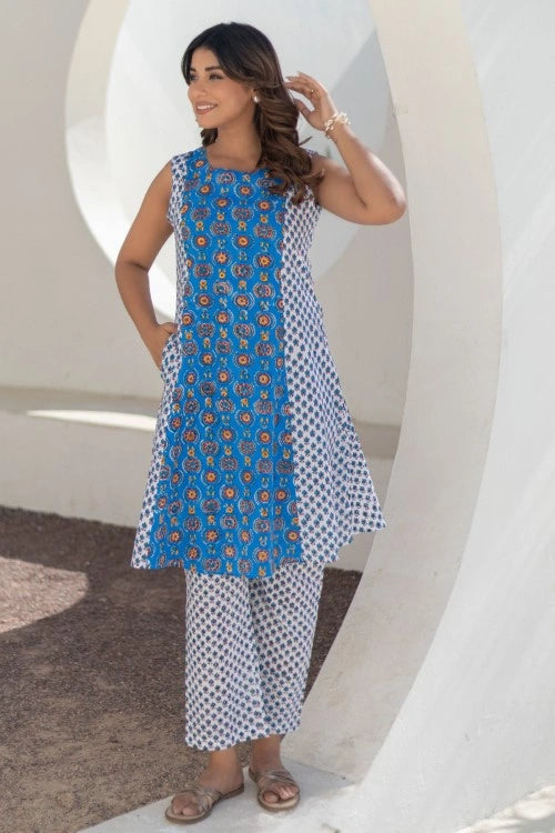 Sootisyahi -Azure Medallions-Hand-Block-Printed Cotton-Co-Ord-Set