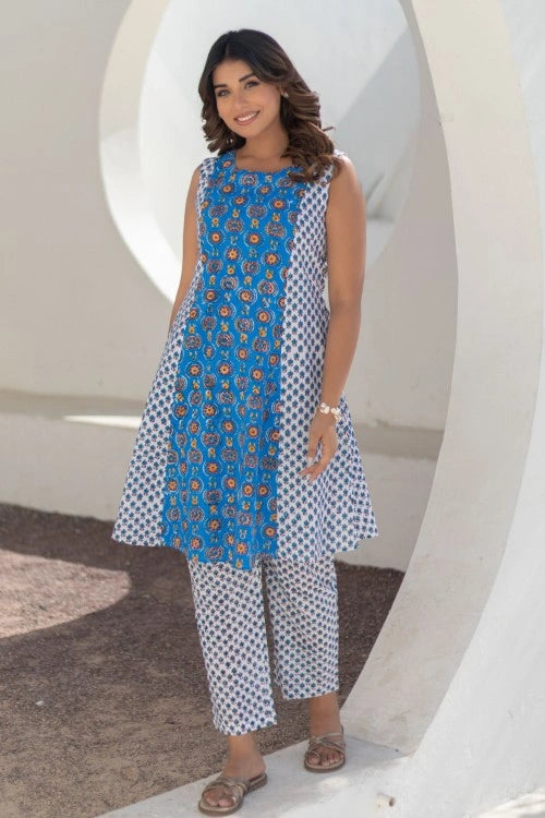 Sootisyahi -Azure Medallions-Hand-Block-Printed Cotton-Co-Ord-Set