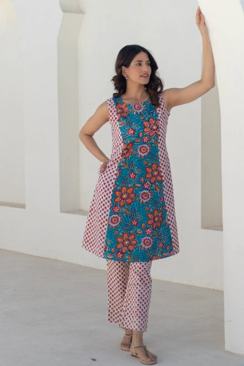 Sootisyahi -Coral Cascade-Hand-Block-Printed-Co-Ord-Set