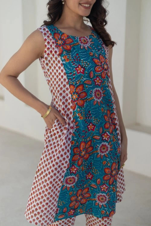 Sootisyahi -Coral Cascade-Hand-Block-Printed-Co-Ord-Set