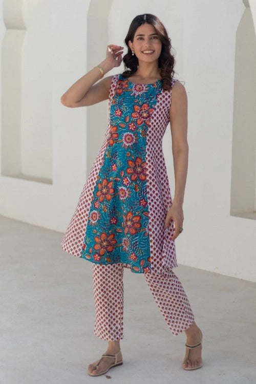 Sootisyahi -Coral Cascade-Hand-Block-Printed-Co-Ord-Set