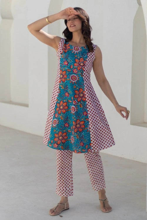 Sootisyahi -Coral Cascade-Hand-Block-Printed-Co-Ord-Set