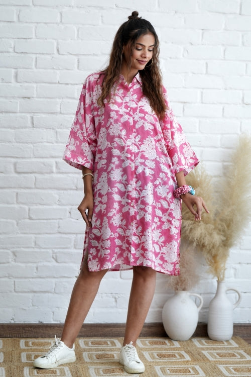 Sooti Syahi Rosella In Pink Hand Block Printed Oversize Shirt
