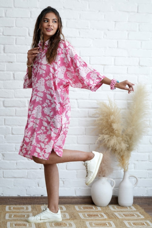 Sooti Syahi Rosella In Pink Hand Block Printed Oversize Shirt