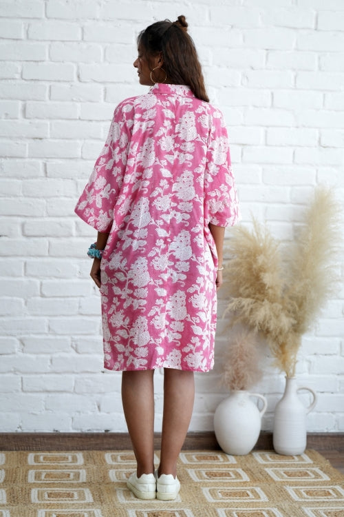 Sooti Syahi Rosella In Pink Hand Block Printed Oversize Shirt