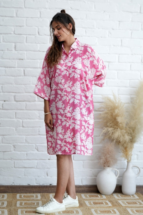 Sooti Syahi Rosella In Pink Hand Block Printed Oversize Shirt
