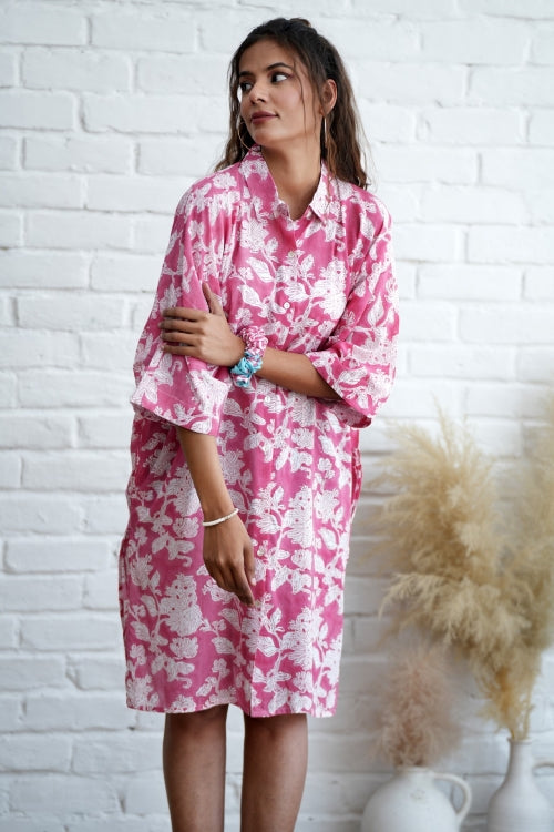 Sooti Syahi Rosella In Pink Hand Block Printed Oversize Shirt