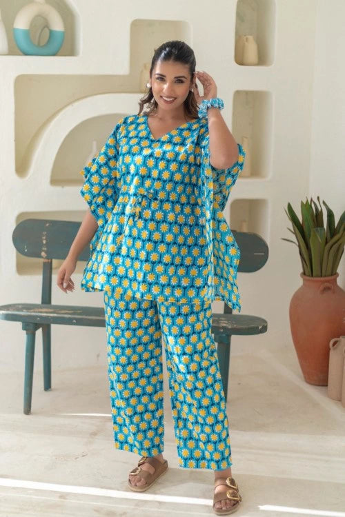 Sootisyahi -Azure-Medallions-Cotton-Kaftan-Set