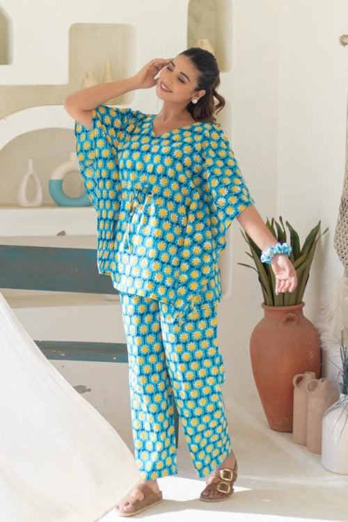 Sootisyahi -Azure-Medallions-Cotton-Kaftan-Set