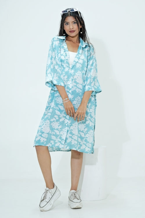Sooti Syahi Midge In Blue Hand Block Printed Oversize Shirt