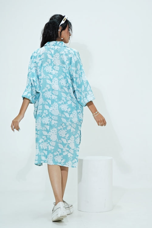 Sooti Syahi Midge In Blue Hand Block Printed Oversize Shirt