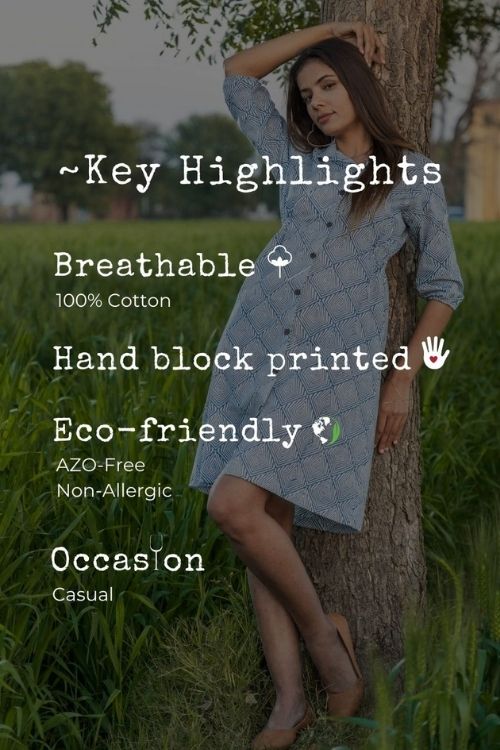 Sootisyahi 'Blue and Bay' Azofree Handblock Printed Pure Cotton Dress | Relove