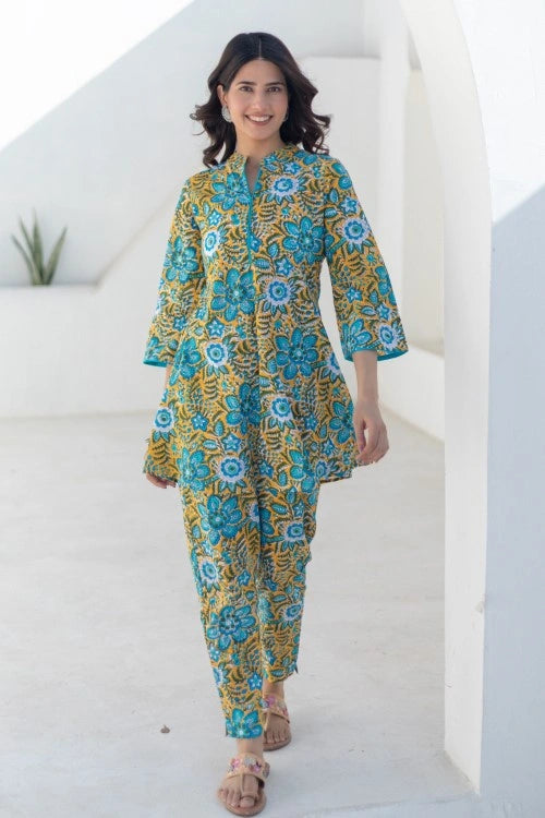 Sootisyahi -Turquoise Tapestry-Hand-Block-Printed-Co-Ord-Set