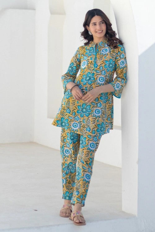 Sootisyahi -Turquoise Tapestry-Hand-Block-Printed-Co-Ord-Set