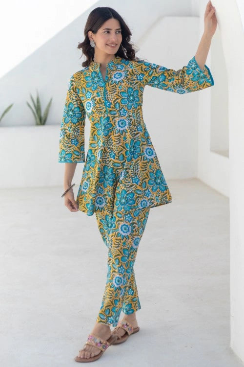 Sootisyahi -Turquoise Tapestry-Hand-Block-Printed-Co-Ord-Set