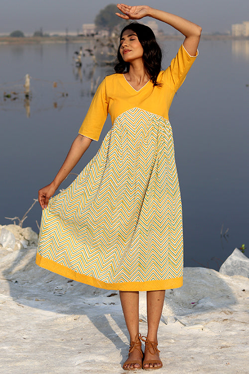 Mustard Weave Pure Cotton Hand Block Printed Dress For Women Online 