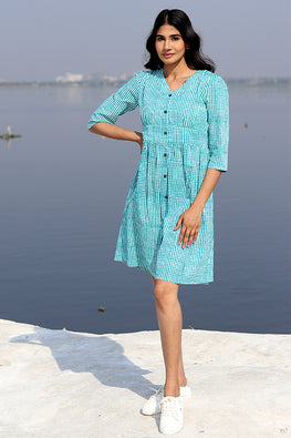 Endless Summer Blue Pure Cotton Printed Summer Dress For Women Online 