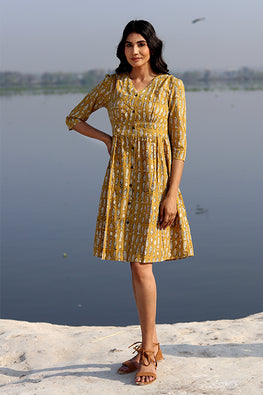 Sea Wave Pure Cotton Hand Block Printed Dress For Women Online 