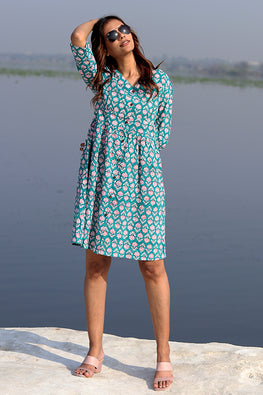 Floral Frame Teal Cotton Hand Block Printed Summer Dress For Women Online 