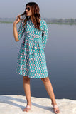 Floral Frame Teal Cotton Hand Block Printed Summer Dress For Women Online 