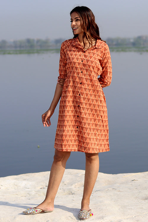 Geometrical Weave Pure Cotton Hand Block Printed Dress For Women Online 