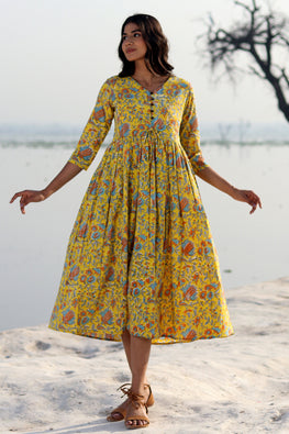 Mustard Garden Pure Cotton Hand Block Printed Dress For Women Online 