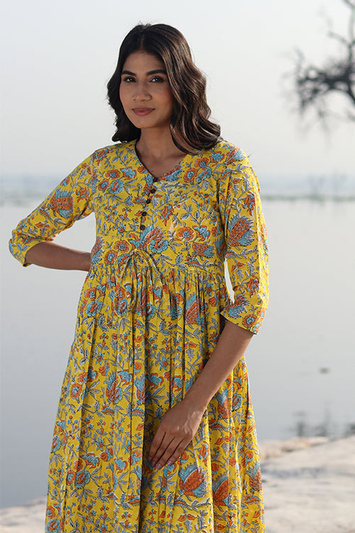 Mustard Garden Pure Cotton Hand Block Printed Dress For Women Online 