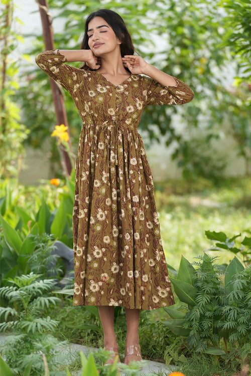 Sooti Syahi Espresso Garnet Handblock Printed Cotton Dress