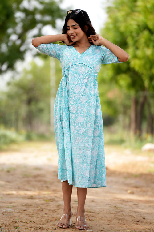Sooti Syahi Sapphire Surf Handblock Printed Cotton Dress