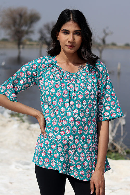 Sootisyahi 'Teal Feather' Block Printed Cotton Top