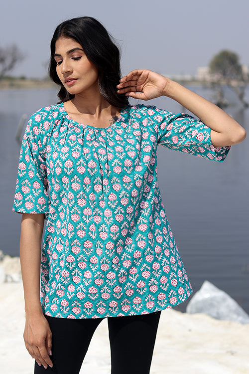 Sootisyahi 'Teal Feather' Block Printed Cotton Top