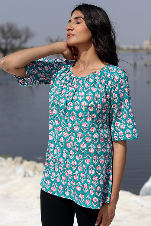 Sootisyahi 'Teal Feather' Block Printed Cotton Top