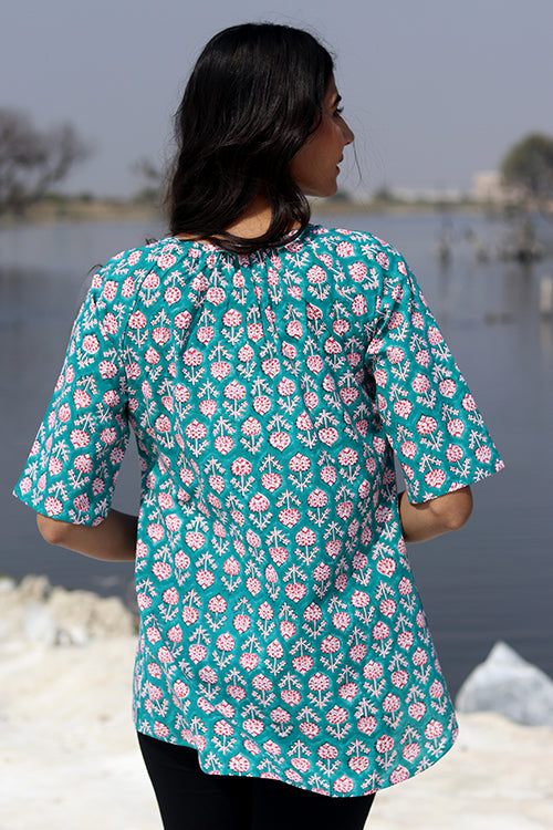 Sootisyahi 'Teal Feather' Block Printed Cotton Top