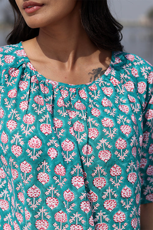 Sootisyahi 'Teal Feather' Block Printed Cotton Top