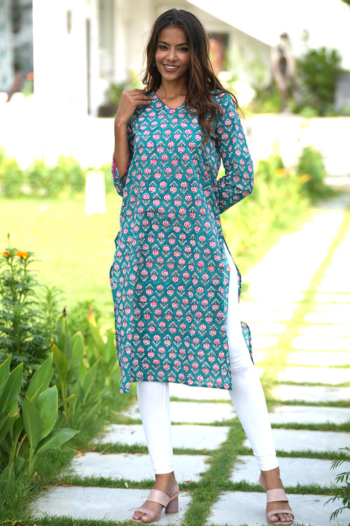 Evergreen Enigma Block Printed Cotton Kurta For Women Online