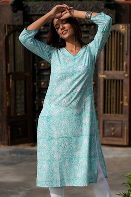 Teal Infusion Block Printed Cotton Kurti For Women Online 