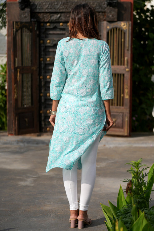 Sooti Syahi Teal Infusion Handblock Printed Cotton Kurti