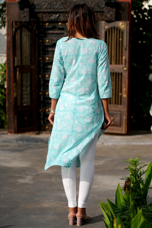 Sooti Syahi Teal Infusion Handblock Printed Cotton Kurti