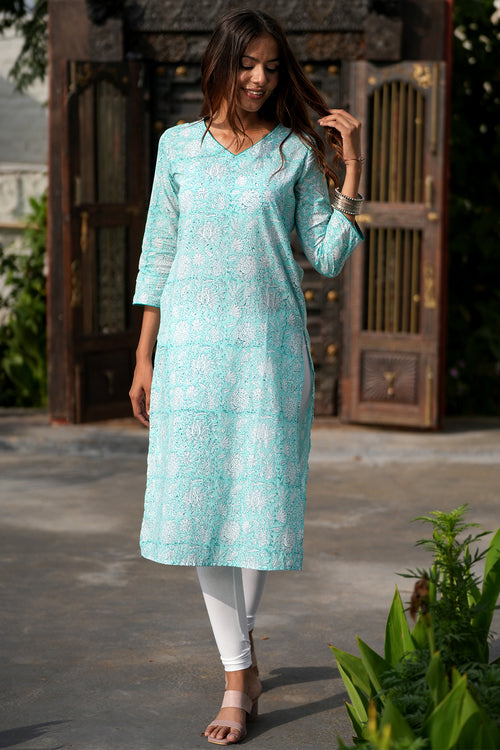 Sooti Syahi Teal Infusion Handblock Printed Cotton Kurti
