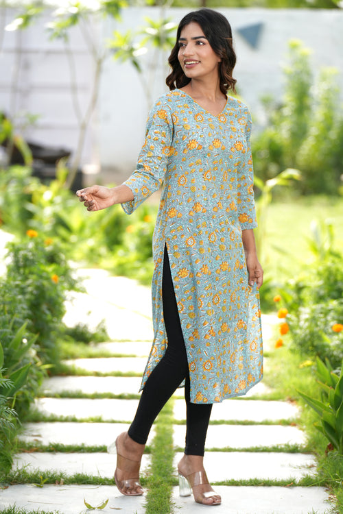 Greyed Saffron Block Printed Cotton Kurti For Women Online