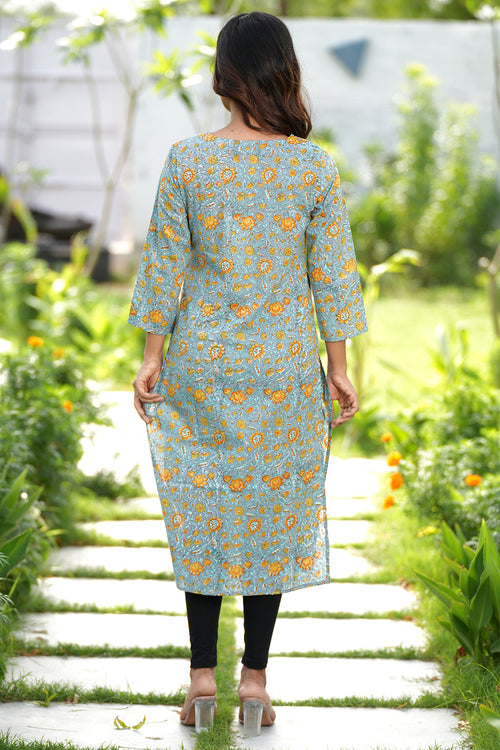 Sooti Syahi Greyed Saffron Handblock Printed Cotton Kurti