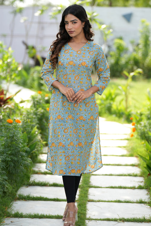Greyed Saffron Block Printed Cotton Kurti For Women Online
