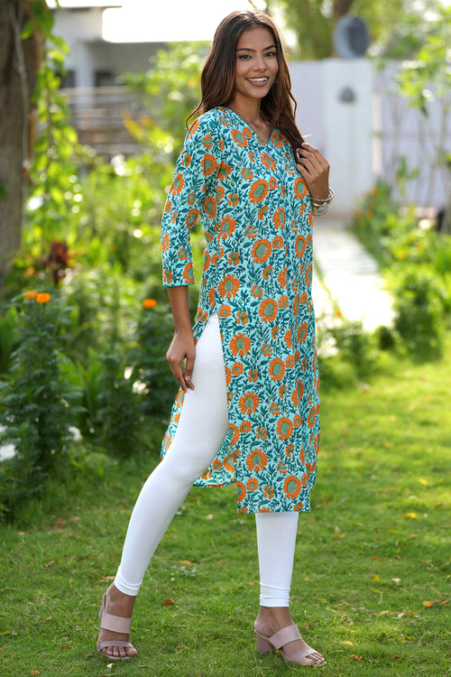 Orange Infused Verde Handblock Printed Cotton Kurta For Women Online