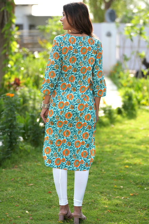 Sooti Syahi Orange-Infused Verde Handblock Printed Cotton Kurti