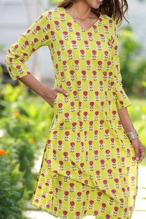 Sooti Syahi Garnet Garden Handblock Printed Cotton Kurti